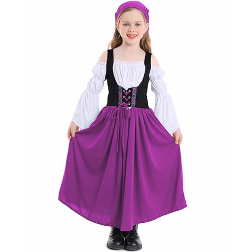 Nokiwiqis Mädchen Oktoberfest Outfit Kinder Dirndl Trachtenkleid Korsett Kleid Kostüm Bayerisches Bierfest Kleidung Ballkleid für Halloween Karneval Party (Lila, 10-12 Years) von Nokiwiqis