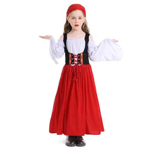 Nokiwiqis Mädchen Oktoberfest Outfit Kinder Dirndl Trachtenkleid Korsett Kleid Kostüm Bayerisches Bierfest Kleidung Ballkleid für Halloween Karneval Party (Rot, 4-6 Years) von Nokiwiqis