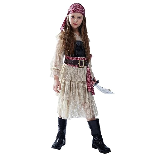 Nokiwiqis Mädchen Piratenkostüm 3 Teiliges Piraten Kostüm für Kinder Piraten Spitze Kleid Weste Taillengürtel Kopfband für Halloween Party Karneval, Kapitän, Freibeuter (Mehrfarbig, L) von Nokiwiqis