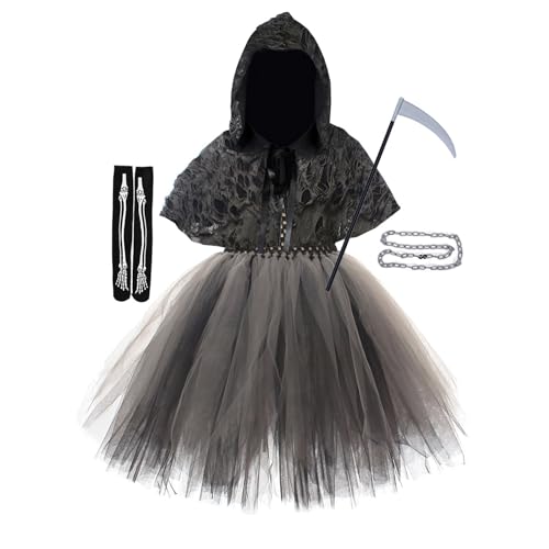 Nokiwiqis Mädchen Sensenmann Kostüm mit Tutu Kleid, Sense, Ketten und Socken Halloween Kostüm Kinder Grim Reaper Kostüm für Karneval Party Cosplay (Schwarz, 4-5T) von Nokiwiqis