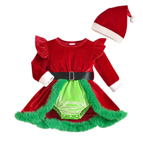 Nokiwiqis Neugeborenes Baby Mädchen Weihnachtsoutfit Mein erstes Weihnachten Kleidung Langarm Santa Strampler Kleid mit Mütze Kleinkind Xmas Party Outfit (Grün, 0-3M) von Nokiwiqis