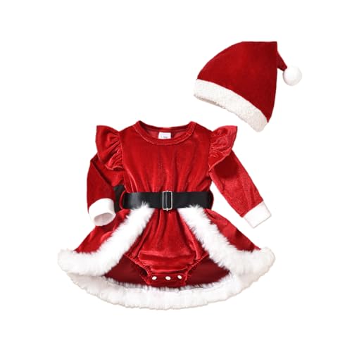 Nokiwiqis Neugeborenes Baby Mädchen Weihnachtsoutfit Mein erstes Weihnachten Kleidung Langarm Santa Strampler Kleid mit Mütze Kleinkind Xmas Party Outfit (Rot, 0-3 Months) von Nokiwiqis