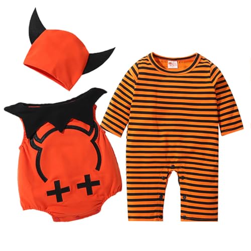 Nokiwiqis Unisex Kleinkind Baby Halloween Teufelkostüm Orange Langarm Strampler Jumpsuit+ Teufel Hut + Weste Mantel für Neugeborenes Jungen Mädchen (Orange, 3 Months) von Nokiwiqis