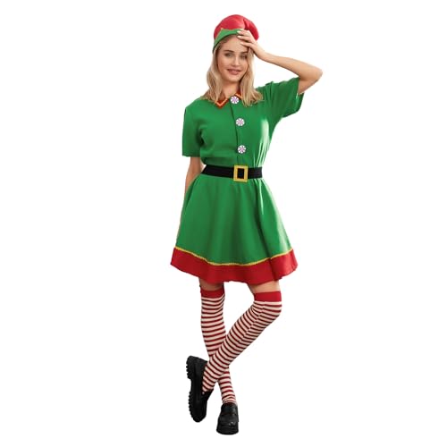 Nokiwiqis Weihnachtselfen Kostüm Set für Erwachsener Kinder Kurzärmliges Kleid Hose mit Hut Gürtel Socken Damen Herren Cosplay Karneval Weihnachten Elfen Outfit (Damen, L) von Nokiwiqis