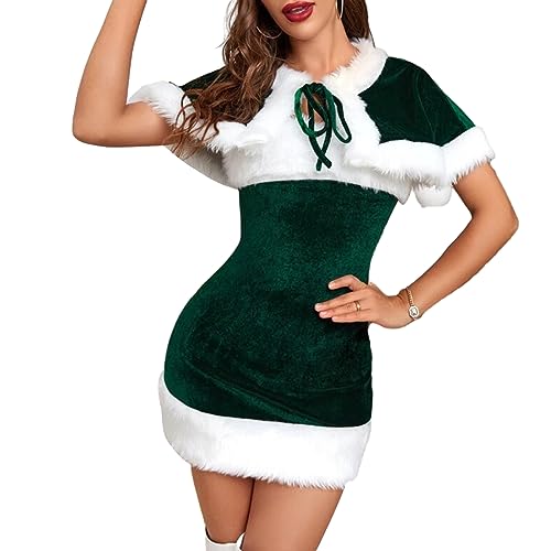 Nokiwiqis Weihnachtsmann Kostüm Damen, Weihnachtskostüm Frauen, Fräulein Claus Kleid mit Umhang, Weihnachten Karneval Party Cosplay Santa Outfit (Grün, L) von Nokiwiqis