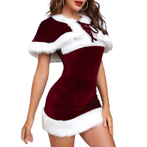 Nokiwiqis Weihnachtsmann Kostüm Damen, Weihnachtskostüm Frauen, Fräulein Claus Kleid mit Umhang, Weihnachten Karneval Party Cosplay Santa Outfit (Rot, L) von Nokiwiqis