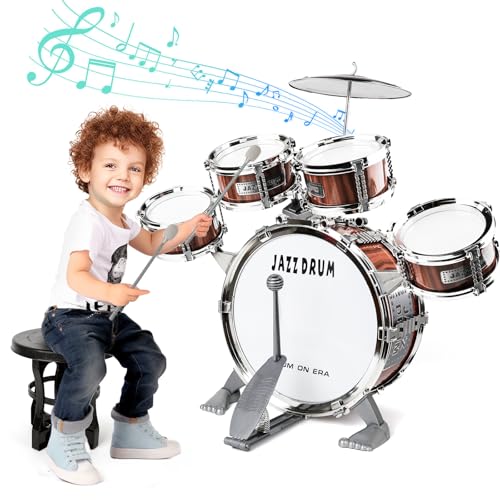 NonKob Kinder Drum Set Schlagzeug Spielzeug, Kinder Trommel Kinderspielzeug mit 5 Trommeln mit Hocker Percussion Musikspielzeug, Musikspielzeug Spielzeug für 3 4 5 6 7 Jahre alte Mädchen und Jungen von NonKob