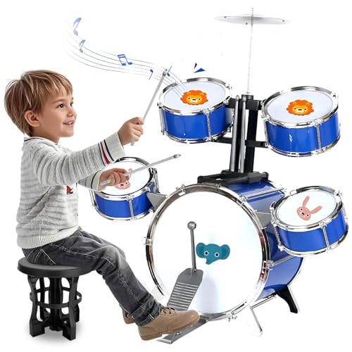 NonKob Kinder Schlagzeug Schlagwerk Drumset, Trommel Kinder Spielzeug Sets 5 Trommelns mit Hocker, Musikinstrumente Kinder ab 3 Jahre, Lernspielzeug Geschenk für Kinder ab 3 4 5 6 Jahre von NonKob