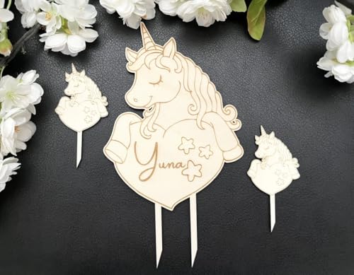 NoriKids Cake-Topper personalisiert & handgefertigt | Tortens- & Muffinstecker aus Holz | Tortendeko Geburtstag | Einhorn mit Herz & Name | individuelle Geburtstagsdeko | personalisierte Geschenke von NoriKids