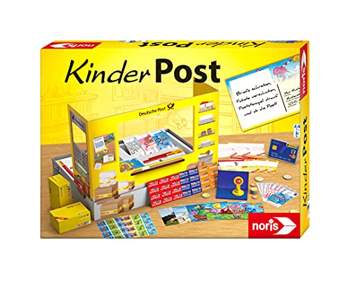 Noris 606011236 - Kinderpost - Klassisches Kinder-Rollenspiel, inkl. Postschalter und viel Postzubehör, Postkarten, Briefe, Pakete, für Kinder ab 4 Jahren, Gelbe von Noris