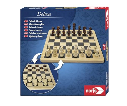 noris 606104577 Deluxe Schach & Dame, Der Spiele Klassiker in hochwertiger Holzausführung mit Holz Figuren und Brett, ab 6 Jahren von Noris