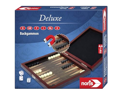 Noris 606108004 Reisespiel Backgammon - ab 8 Jahren – mit magnetischen Spielfiguren in einer Holz Box, 16 x 16 cm, Merhfarbig von Noris