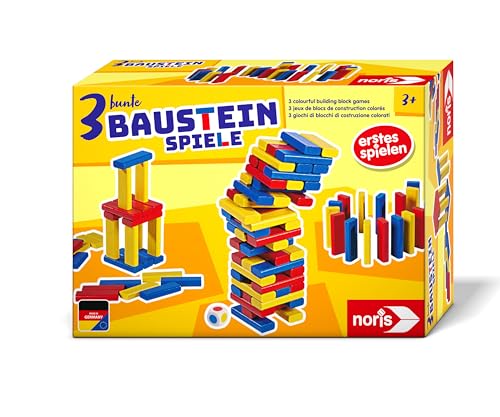 Noris 606012165 - 3 bunte Baustein-Spiele (Bauklötze ab 3 Jahre) - 54 Holz-Bausteine mit 3 Spiel-Ideen (Wackelturm, Häuser bauen & Domino-Schlange), Spielzeug für Kinder von Noris