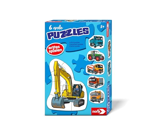 Noris 606012167 - 6 erste Puzzles: Fahrzeuge (Puzzle ab 3 Jahre) - Kinderpuzzle mit Traktor & Co, 6 Puzzles mit je 2-5 großen Teilen, Spielzeug für Kleinkinder & Kinder, Weiß von Noris