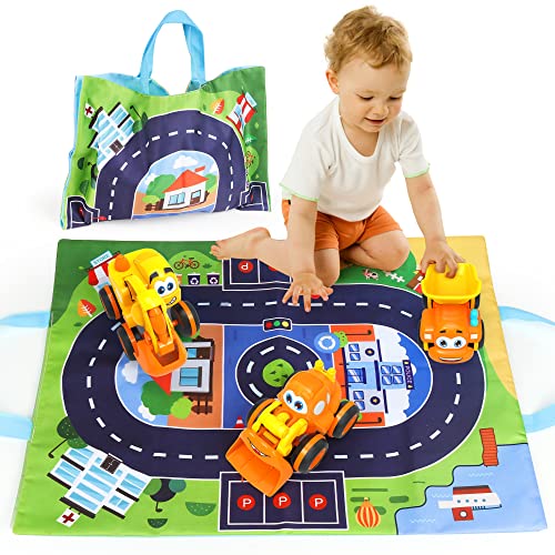 Norkbeng Auto Spielzeug Junge Mädchen, Auto Set Spielzeug Auto Kinder Spielzeug mit Spielmatte Aufwahrungstasche, Bagger Reibungsantrieb Spielzeug Auto Geschenk für Kinder ab 2 Jahre von Norkbeng