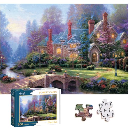 500 Teile Puzzle für Erwachsene, NorthKe Puzzles 500 Teile Buchstaben auf der Rückseite Schwierige Herausfordernde Puzzles Spiel für Familienlandschaftsbilder (Waldkabine) von NorthKe