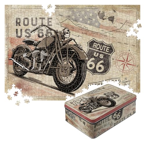 Nostalgic-Art Retro Puzzle, 1.000 Teile, Route 66 – Bike Map – Geschenk-Idee für Amerika-Fans, verpackt in Aufbewahrungsbox aus Metall, Vintage Design von Nostalgic-Art