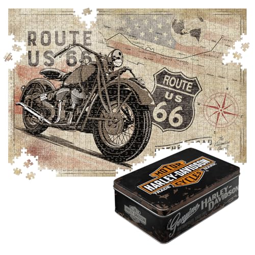 Nostalgic-Art Retro Puzzle 1000 Teile, 68 x 48 cm, Route 66 – Bike Map Harley-Davidson 1 – Geschenk-Idee für Amerika-Fans, für Erwachsene, in Vintage-Metalldose als Geschenkverpackung von Nostalgic-Art