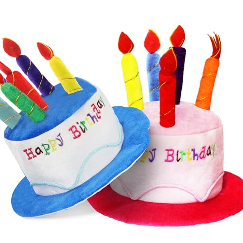 Novelty Place Plüsch Happy Birthday Cake Hat (2 Stück, Blau & Pink) – Unisex Erwachsene Größe Kostüm Partyhüte – Perfekt als Party Favors, Kostümzubehör – Kuchen & 5 mehrfarbige Kerzen von Novelty Place