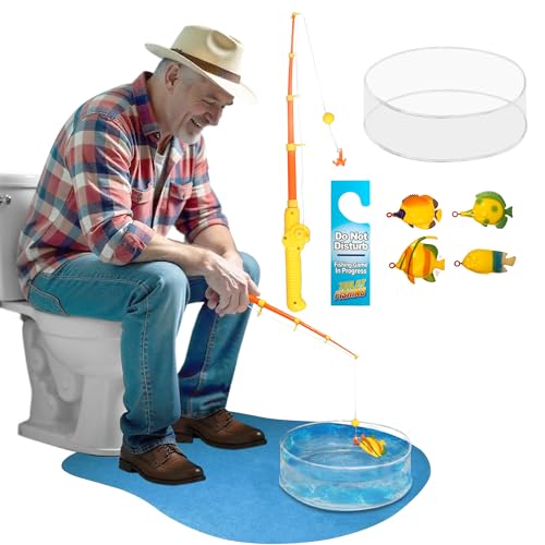 Novelty Place Potty Fisher Toiletten-Angelspiel-Set für Kinder und Erwachsene – Hakenschnur & Senkblei Angelrute, Wassertank, Blaue Baumwollmatte & Türschild – lustiges Badezimmer-Spielzeug-Geschenk von Novelty Place