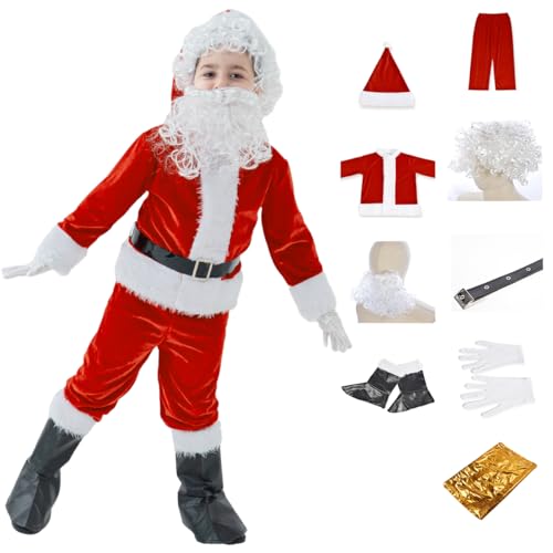 Nsddm Weihnachtsmann-Kostüm für Jungen, Weihnachtsmann-Kostüm, Cosplay, Party, Anzug für Jungen, Kinder, 9-teilig, Größe M, Rot von Nsddm