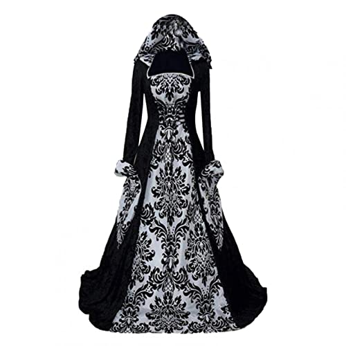 Nsercvb Halloween Kostüm Damen,Gothic Kleidung Damen Schnürkleid mit Kapuze Ducken Vintage Mittelalter Kleid Trompetenärmel Maxikleider Renaissance Party Festlich Cosplay Karneval Halloween Kostüm von Nsercvb