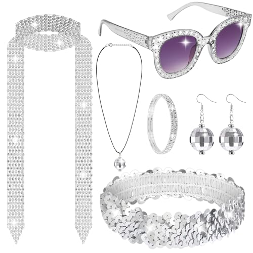 Nswayy 6 Stück Discokugel Spiegelkugel Schmuck Set Ohrringe Halskette Armband Strass Sonnenbrille Haarband Disco Accessoires für Party Karneval 70er 80er Jahre Kostüm Zubehör für Damen Herren von Nswayy