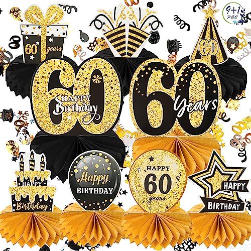 Nswayy 9 Stück Tischdeko 60 Geburtstag Mann Frauen, 60. Geburtstag Dekoration Tischdeko Bienenwabe Mittelstück Schwarz Gold Waben Tischdekoration für 60 Jahre Party Zubehör（mit Geburtstag Konfetti） von Nswayy