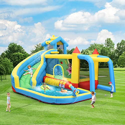 Kinder Hüpfburg, 5 in 1 Aufblasbare Hüpfburg für Kinder von 3-10 Jahren, Outdoor Castle Bouncer mit Rutsche Sprungbereich Wasserpool Fußballnetz, Aufblasbare Größe: 364 * 315 * 239cm von Ntxplora