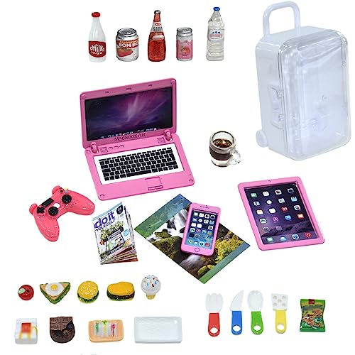 27 Stück Puppenhaus Mini Laptop Tablet und Smartphone Zeitungsbuch Miniaturen Hamburger Kuchen Kaffee Saft Trolley Fall DIY Spielen Spiel Party Spielzeug Zubehör (rosa Set) von Nuanmu