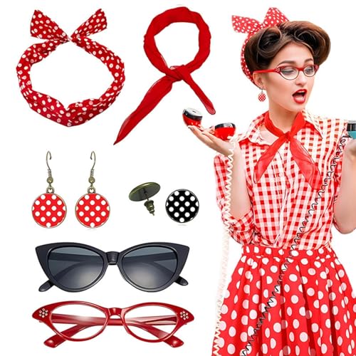 Nubamzy 50er Jahre Accessoires für Frauen, Tropfenohrringe Stirnbänder 1950er Outfi Set – Vintage Haarbänder mit Chiffon-Schal, Augenbrille für Mädchen von Nubamzy