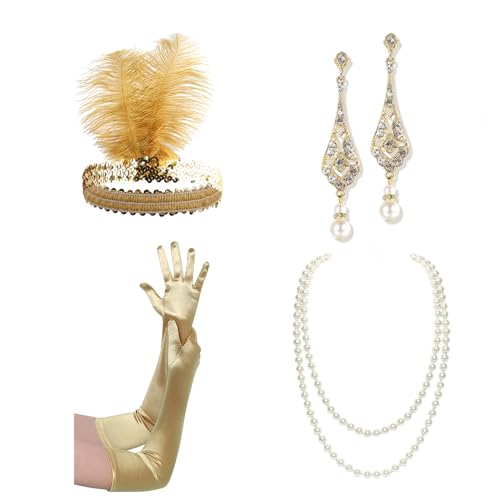 1920er Jahre Accessoires Set für Frauen Brüllende 20er Jahre Accessoires Flapper Kostüm mit 20er Jahre Stirnband Halskette Handschuhe Ohrring von Nucelit