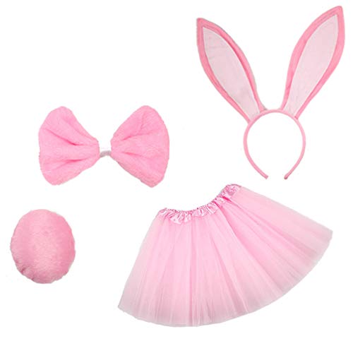 Nucelit 4-teiliges Cosplay-Kostüm-Set für Kinder, mehrlagiger Tüllrock, Kostüme, Ohren, Stirnband, Fliege, Schwanz, Ostern, Karneval, Party, Outfits von Nucelit