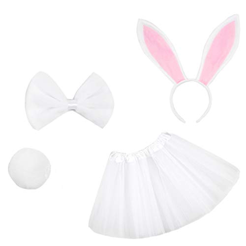 Nucelit 4-teiliges Cosplay-Kostüm-Set für Kinder, mehrlagiger Tüllrock, Kostüme, Ohren, Stirnband, Fliege, Schwanz, Ostern, Karneval, Party, Outfits von Nucelit