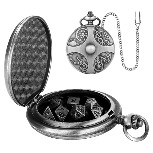 Steampunk-Metallwürfel, Taschenuhr-Würfel-Set - Würfelset mit Taschenuhrgehäuse - Tragbare polyedrische Vintage-Würfel für Tischspiele, Brettspiele von Nudorpn