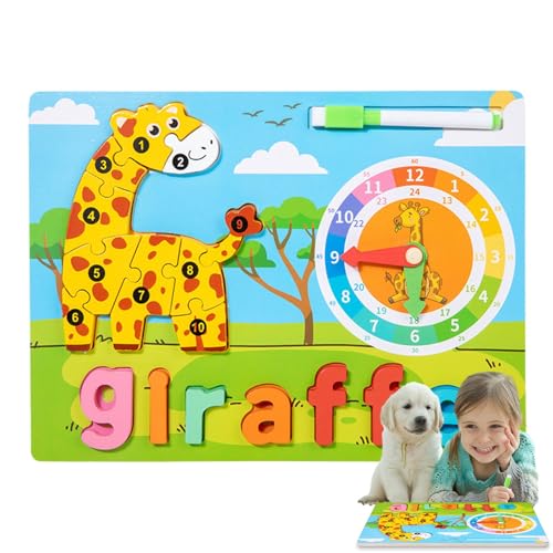 Tierpuzzles aus Holz für Kleinkinder,Tierpuzzle für Kleinkinder,Niedliches Giraffen-Elefant-Kleinkind-Puzzle - Buntes Tierpuzzle, Lernuhr-Buchstaben-Matching-Spiel für die frühe Bildung von Nudorpn