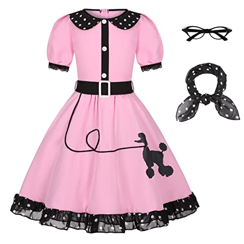 Nuehoryu 50er-Jahre-Kostüme für Mädchen, 50er-Jahre-Pudel-Kleid mit gepunktetem Schal für Kinder, Halloween-Kostüm (10–12 Jahre) von Nuehoryu