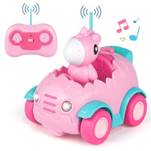 Nueplay Ferngesteuertes Auto für Kleinkinder im Alter von 2 3 4 5 Jahren, elektrisches ferngesteuertes Autospielzeug mit Licht und Musik, Kleinkind-Dinosaurierspielzeug (Rosa) von Nueplay