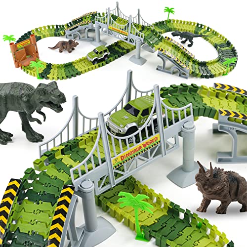 Autorennbahn Rennbahn für Kinder Dinosaurier Spielzeug ab 3 Jahren Junge Mädchen,142 Stück Flex Tracks mit Jurassic Park Dinosaurier Figuren von Nuheby