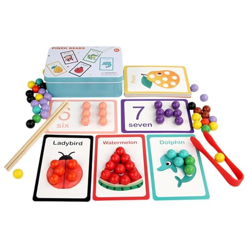 Nuhjytgf Number Cognitive Bead Game, Wooden Number Cognitive Bead Game, Color Matching Bead Clip Toys with Cards, Fine Motor Skills Teaching Aids, Educational Learning Toy for Toddler and Kids von Nuhjytgf