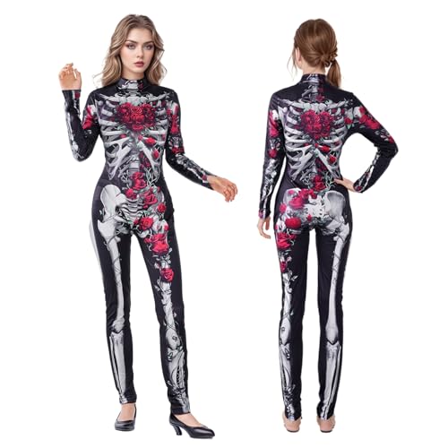 Nujvnuj 1Pcs Frauen Skelett Kostüm Straße Skelett Romper Rose Print Hosen - Karneval, Weihnachten, Halloween, Thematische Party Kostüme (L) von Nujvnuj