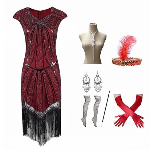 Nujvnuj 7-Teiliges Set 20er Jahre Kleid Flapper Kleid 20er Jahre Charleston Kleid Peaky Blinders Kostüm Damen Karneval Outfit Accessoires für Karneval Theme Play Party Rot L von Nujvnuj