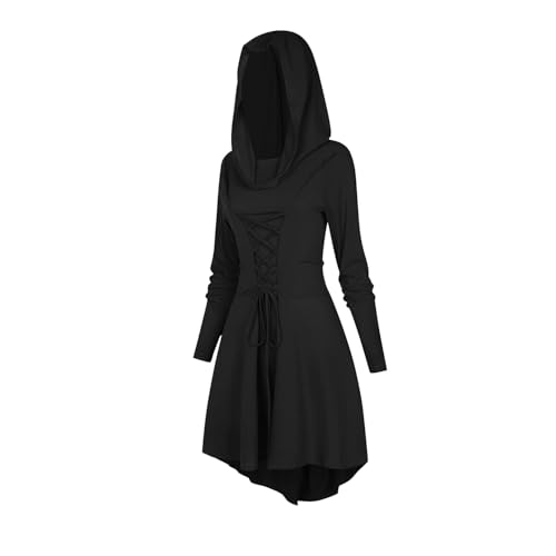 Nujvnuj Gothic Halloween Kostüm Damen – Mittelalter Kleid mit Kapuze für Karneval, Steampunk-Partys und Themenabende Schwarz (L) von Nujvnuj