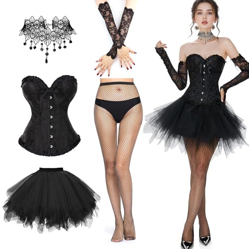 Nujvnuj Gothic Vintage Rotator Manschette Korsett Damen Kostüm Tüll Rock Choker und Seidenstrümpfe Schwarzer Schwan Kleid Zubehör - Mardi Gras Halloween Cosplay Themed Party XL von Nujvnuj