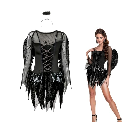 Nujvnuj Teufel kostüm Schwarz Teufelskostüm für Damen – Halloween, Karneval, Cosplay & Party – Mit Flügeln, Kleid und Heiligenschein – Ideal als Vampir oder Maleficent Kostüm S von Nujvnuj