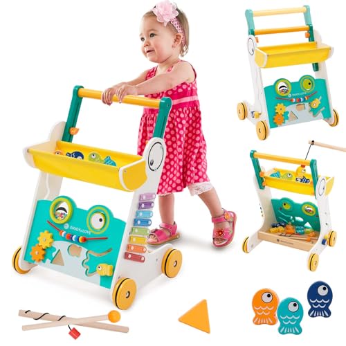 Holz Lauflernhilfe Baby Laufwagen mit lustigem Ente und Frosch Desig: Viele Funktionen und leuchtende Farben fur Baby von Nukdey