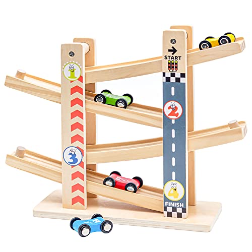 Nukdey Kugelbahn Autorennbahn Holz|Zick-Zack-Autorutsche|Kleinkindspielzeug Holzrennbahn mit 4 Holzautos für jährige Jungengeschenke 1-4 von Nukdey
