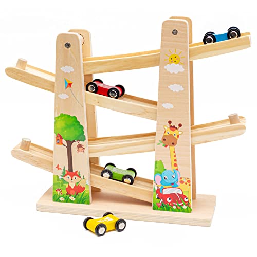 Holz Kugelbahn Car Rampe|Zick-Zack-Autorutsche|Kleinkindspielzeug Holzrennbahn mit 4 Holzautos für jährige Jungengeschenke 1 2 3 4 von Nukdey