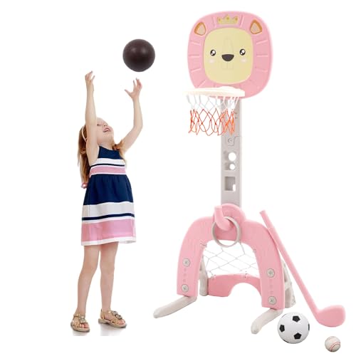 Kinder Basketballkorb Set 4 in 1 Basketballkorb Outdoor Indoor mit Basketball Fußball Ring Werfen Golfspiel Höhenverstellbarer Basketballständer 120-150cm Mini Basketballkorb für Zimmer von Nukdey