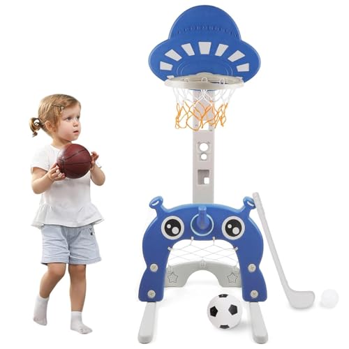 Kinder Basketballkorb Stand Set mit Basketball Fußball Ring Werfen Golfspiel | 4 in1 Sport-Aktivitäts-Center Indoor-und Outdoor-Geschenke Spielzeug Blau von Nukdey